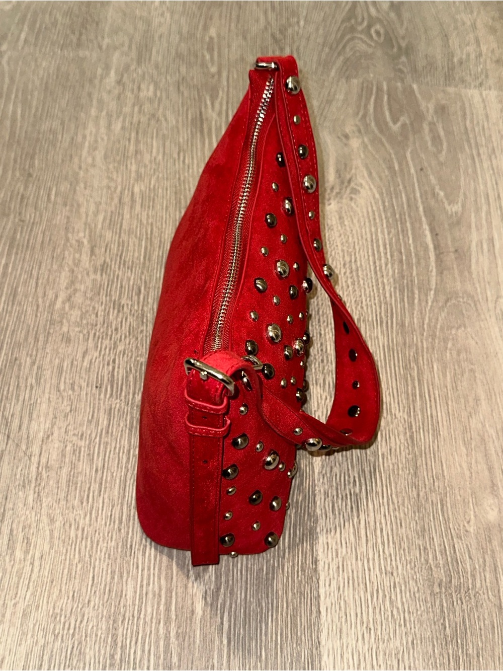 Studded Red Suede Shoulder Bag - Women